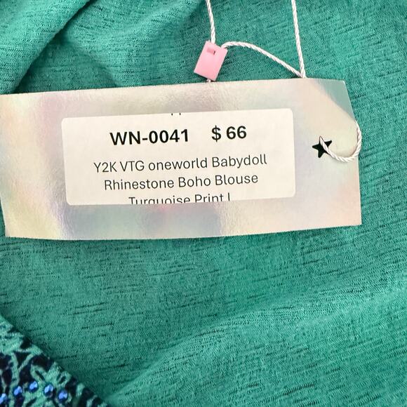 Y2K VTG oneworld Babydoll Rhinestone Boho Blouse Turquoise Print L - Picture 4 of 7